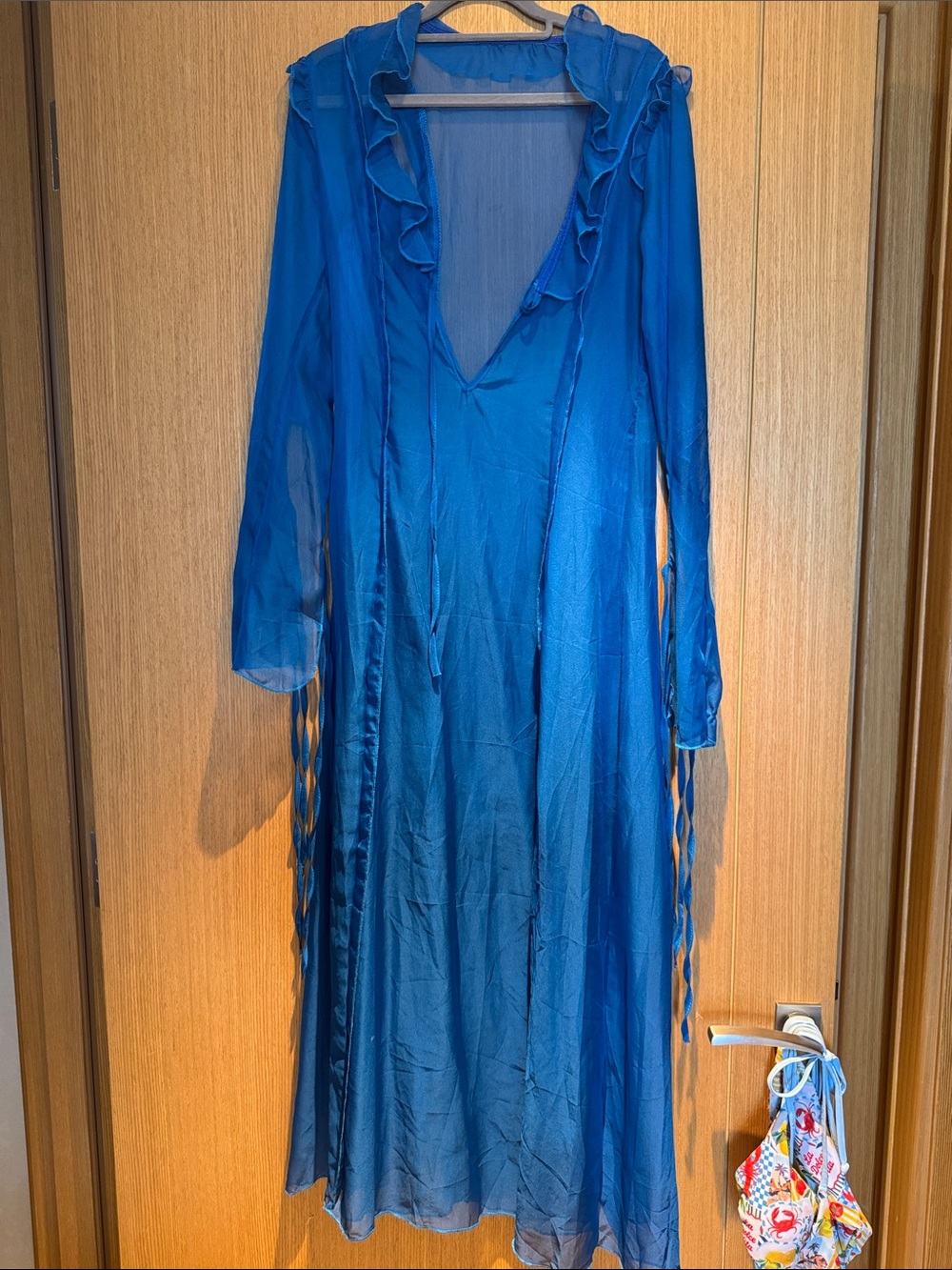 Sheer Ruffled Deep V Maxi Dress in Vibrant Blue